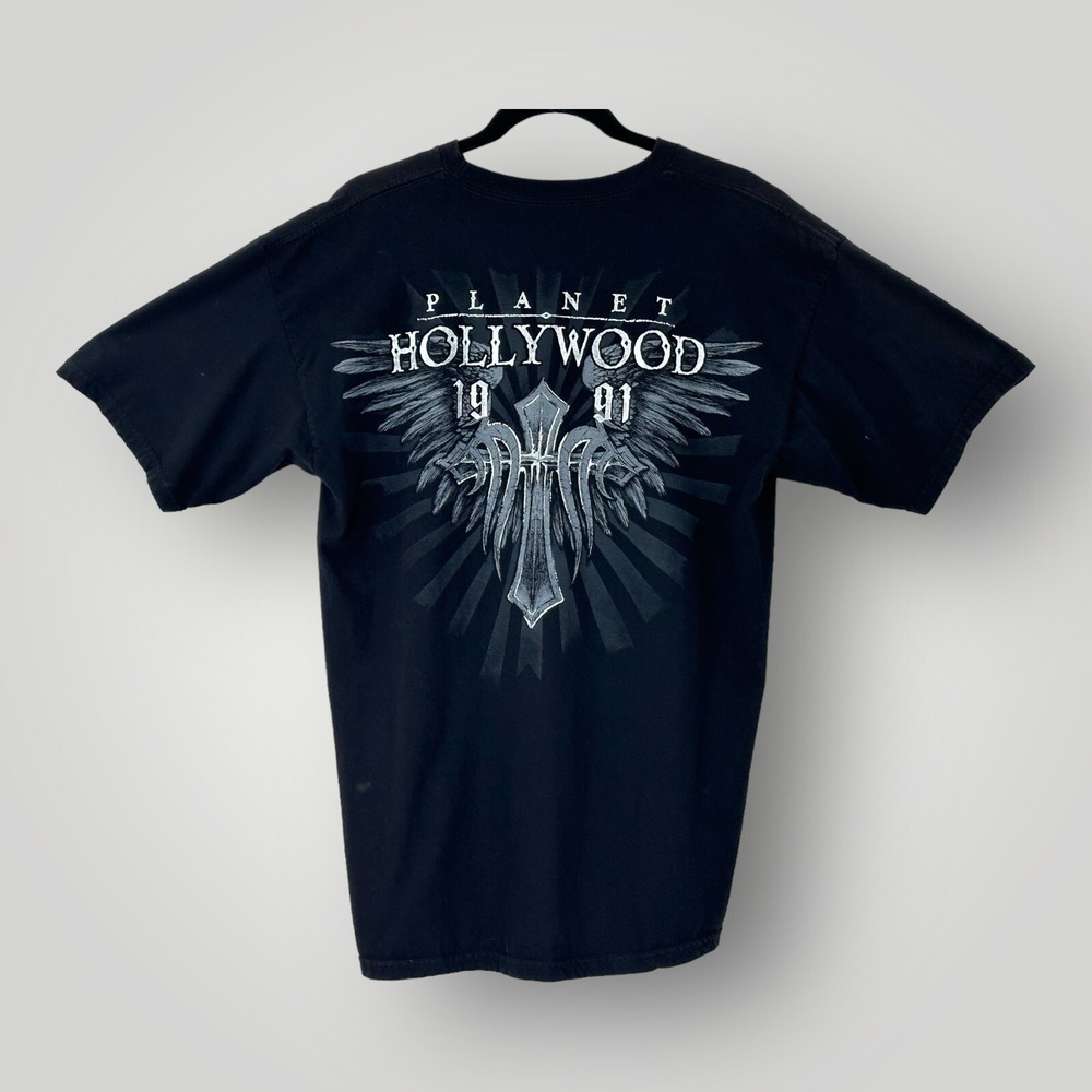 Planet Hollywood Orlando T-Shirt Mens Size LARGE Black w Silver Graphics Wings